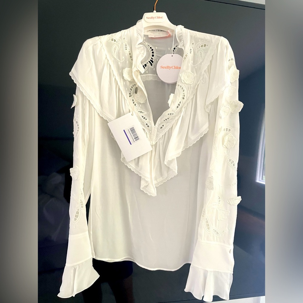 NWT See by Chloe with hanger embellished cut out frill XS white silken blouse